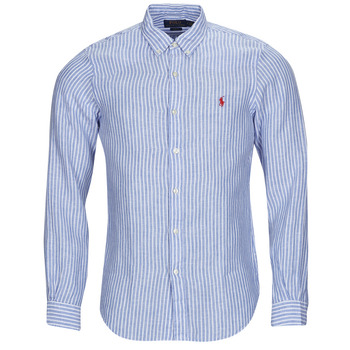 Kleidung Herren Langärmelige Hemden Polo Ralph Lauren CHEMISE AJUSTEE SLIM FIT EN LIN Blau / Weiß