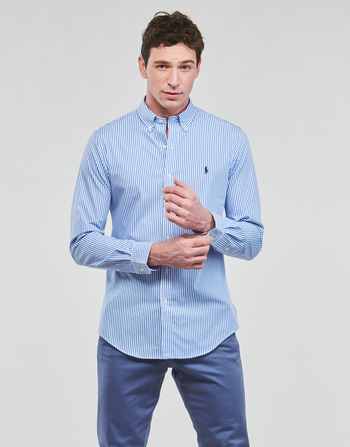 Kleidung Herren Langärmelige Hemden Polo Ralph Lauren CHEMISE AJUSTEE SLIM FIT EN POPELINE RAYE Blau / Weiß