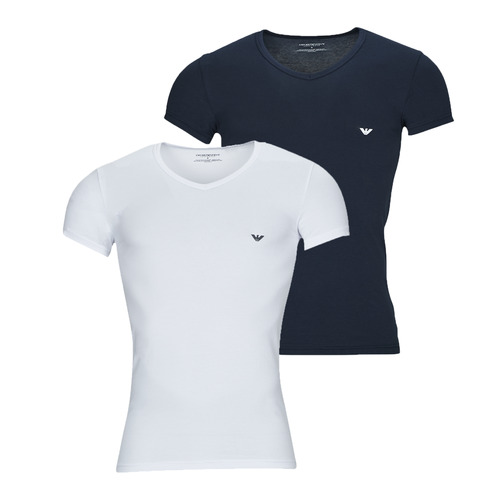Kleidung Herren T-Shirts Emporio Armani V NECK T-SHIRT SLIM FIT PACK X2 Weiß / Marineblau