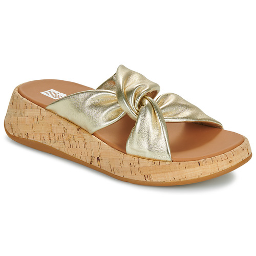 Schuhe Damen Pantoffel FitFlop F-Mode Leather-Twist Flatform Slides (Cork Wrap) Golden