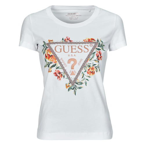 Kleidung Damen T-Shirts Guess TRIANGLE FLOWERS Weiß