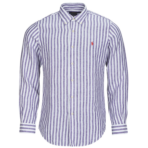 Kleidung Herren Langärmelige Hemden Polo Ralph Lauren CHEMISE COUPE DROITE EN LIN Marineblau / Weiß