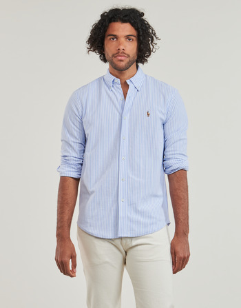 Kleidung Herren Langärmelige Hemden Polo Ralph Lauren CHEMISE AJUSTEE COL BOUTONNE EN OXFORD MESH PIQUE Blau / Weiß